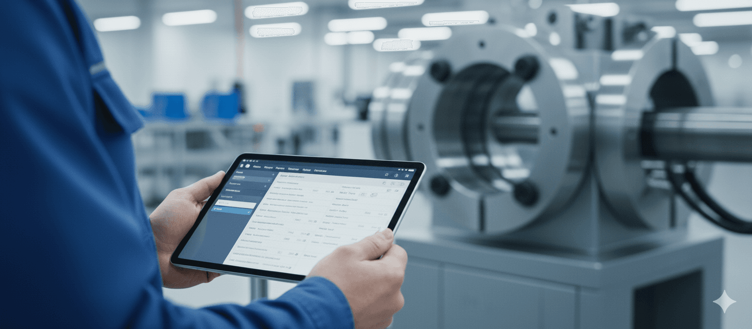 A man in blue work attire holds a tablet, checking quality data or a production log. Only his hands and forearms are visible. In the background, slightly blurred, is a modern, clean manufacturing hall with a large metallic component or machine ready for inspection. The focus is on the tablet, representing the digital component of quality control in the manufacturing industry.
