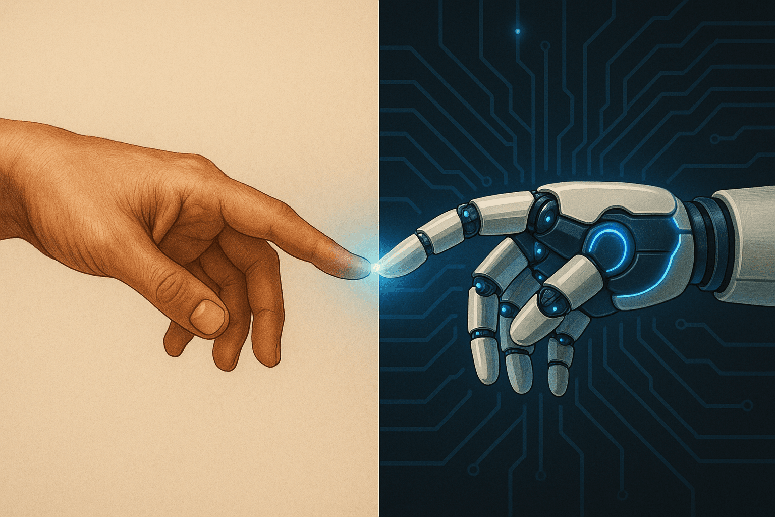 A split visual showing human hands on one side and robotic hand elements on the other, connected in the middle